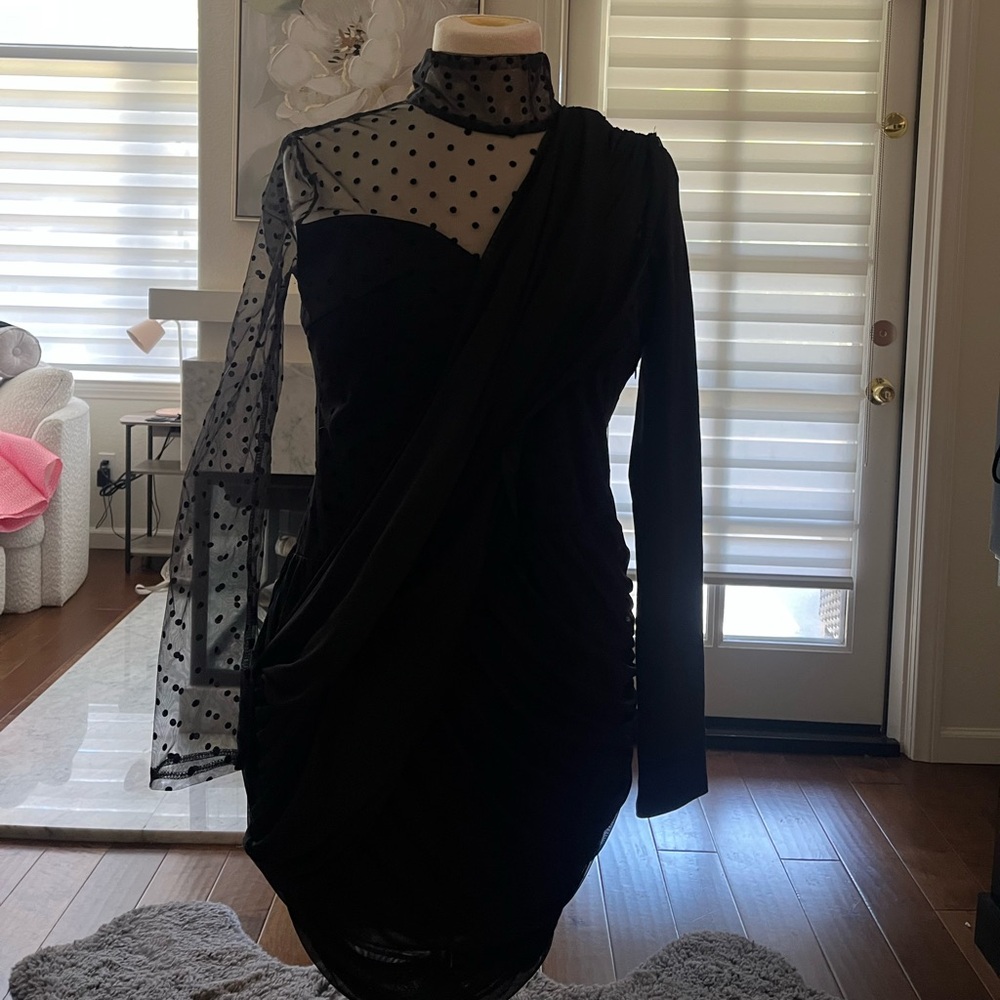 Black Sheer Polka Dot One-Shoulder Dress